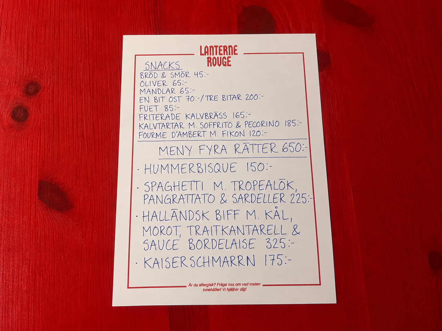 Handwritten seasonal menu at Lanterne Rouge in Gothenburg
